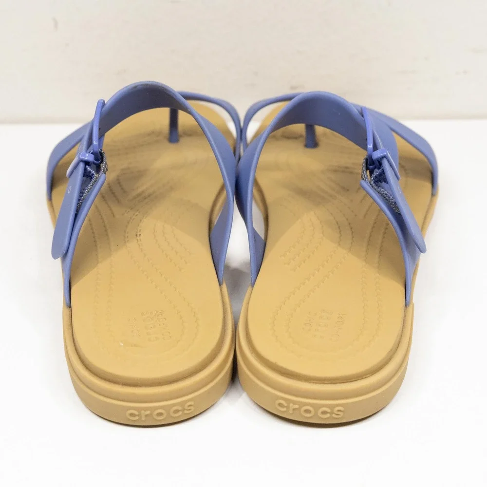 CROCS Tulum Toe Post Strappy Buckle Comfort Sandal Periwinkle Blue Tan Sz 7